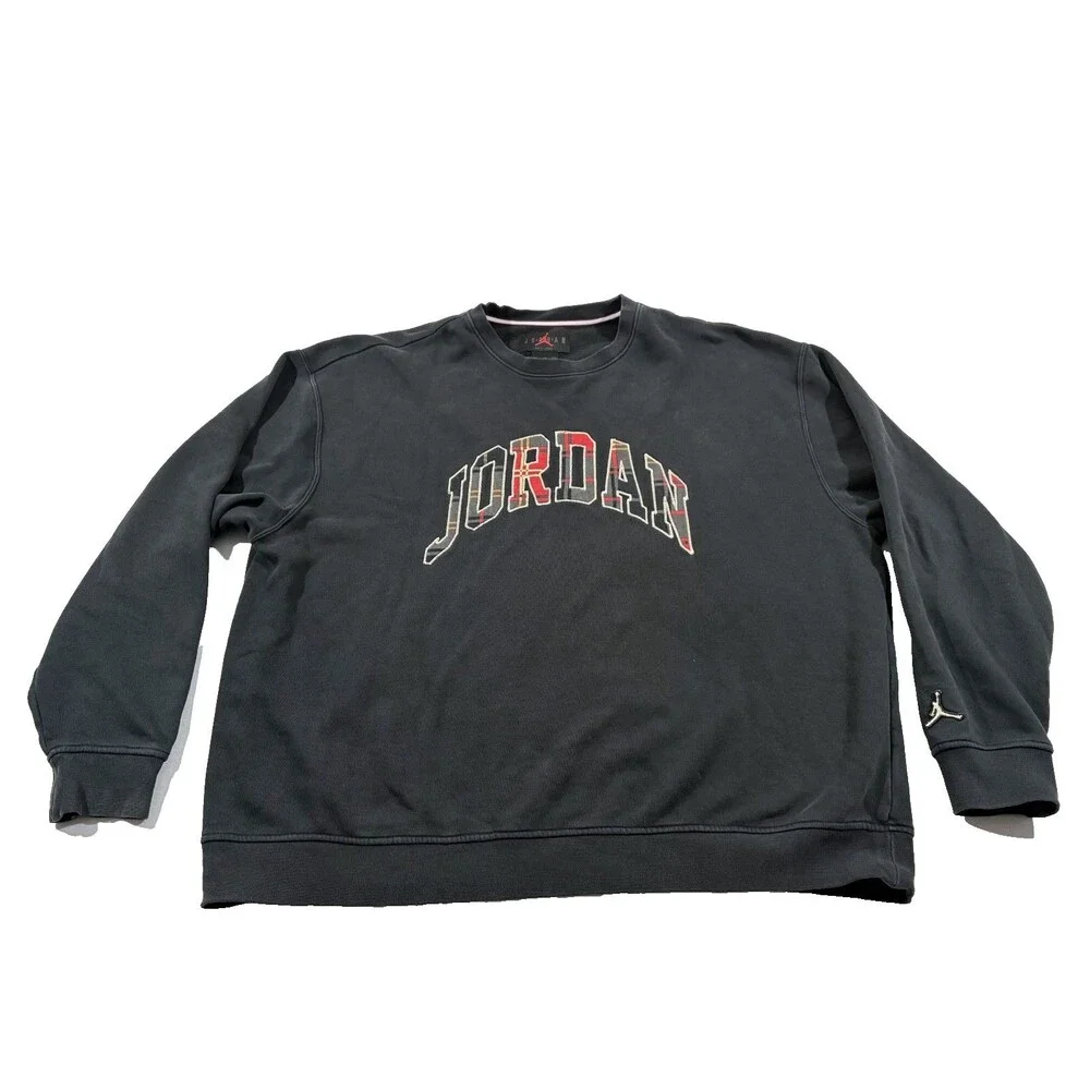 Air Jordan Essential Holiday Plaid Crewneck Sweatshirt Mens Black DQ7348 Sz 2XL